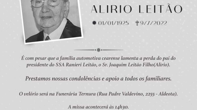 Sincopeças-SP expressa profundo pesar pelo falecimento do Sr. Alirio Leitão